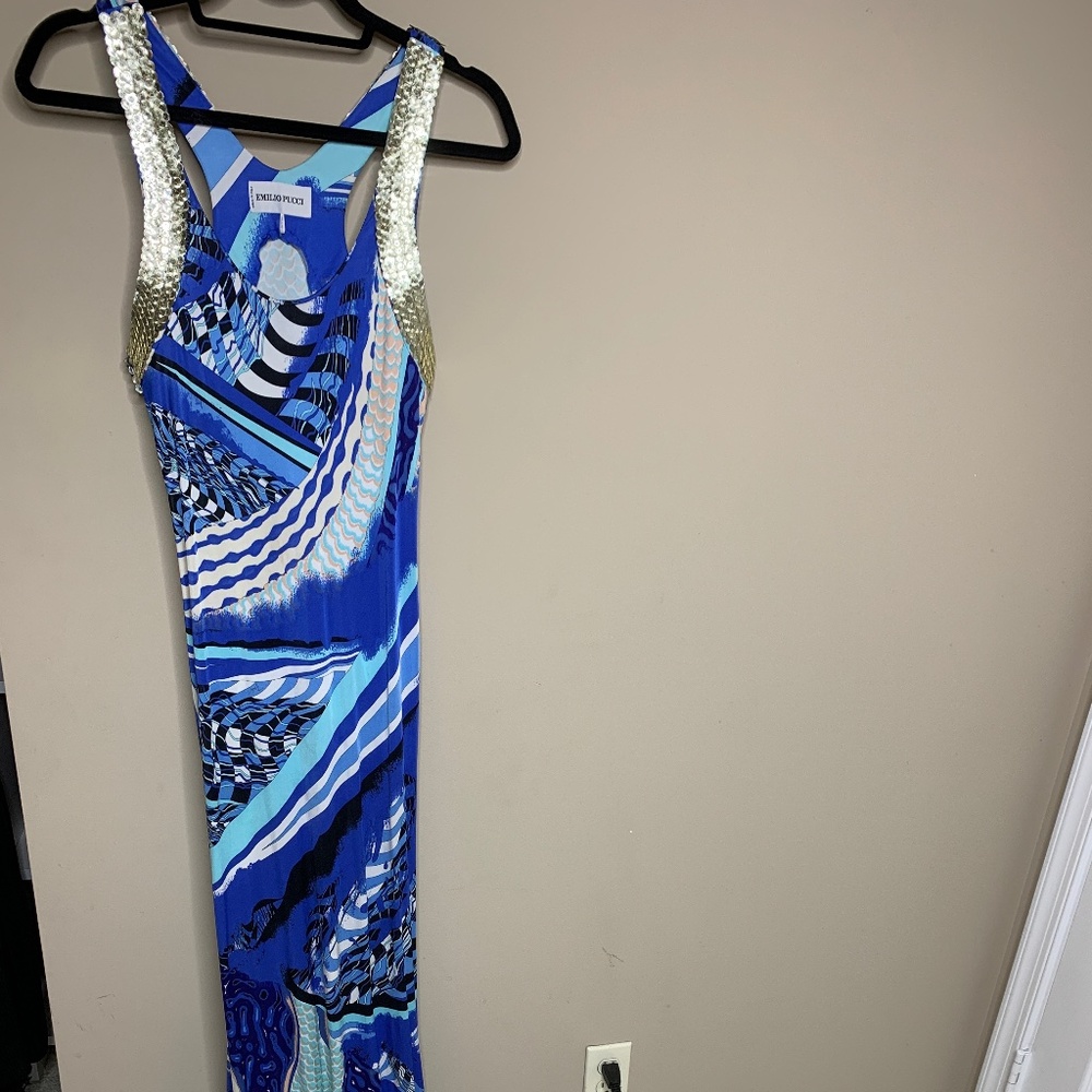 Emilio Pucci Blue and Gold Maxi Dress